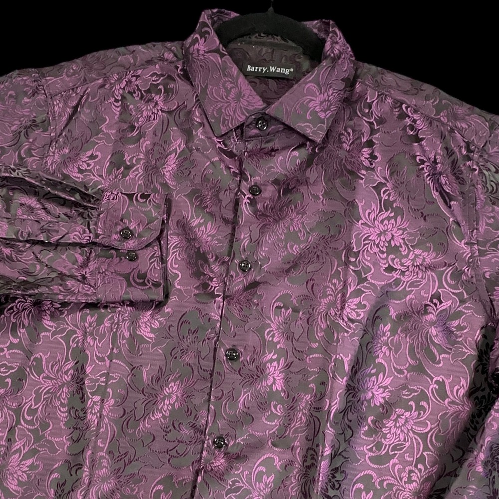 Barry Wang Button Up Shirt Mens XL Purple Floral Paisley Jacquard Silk Blend